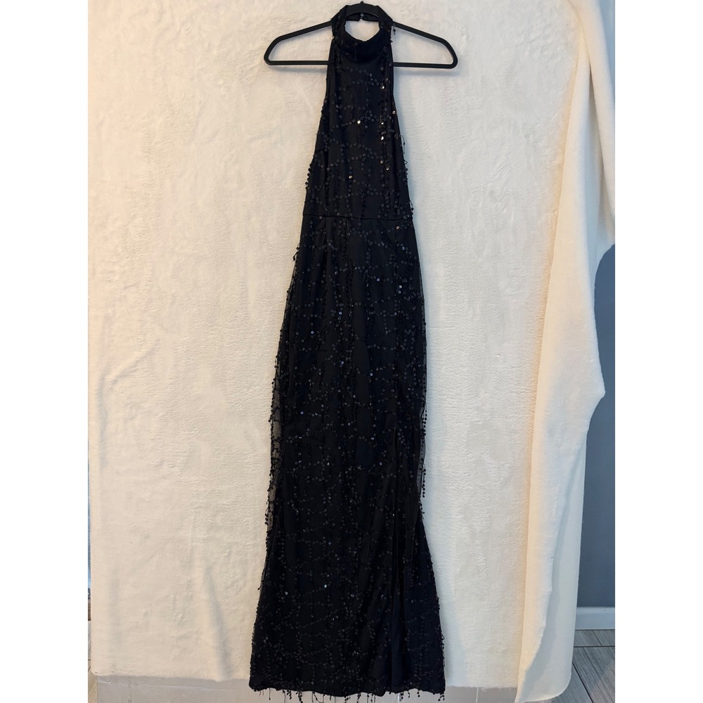 PrettyLittleThing Maya Black Sequin Fishtail Maxi Dress Halter Neck Size‎ 6 NEW
